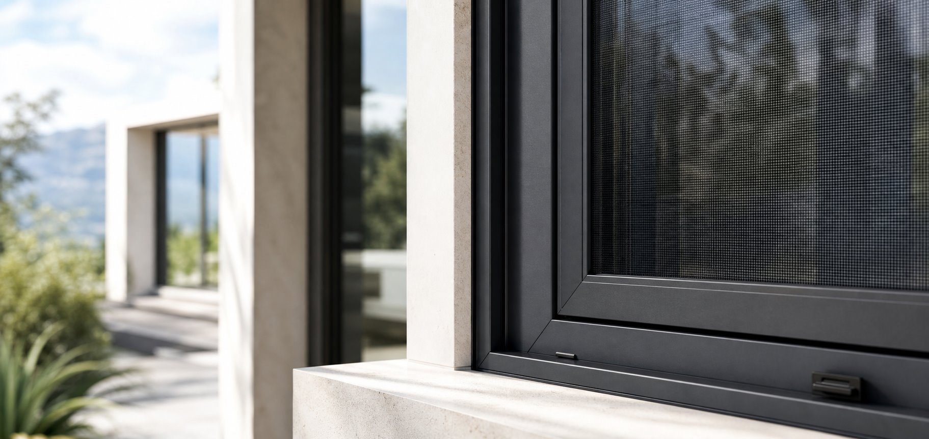 Detailed architectural window and screen installation