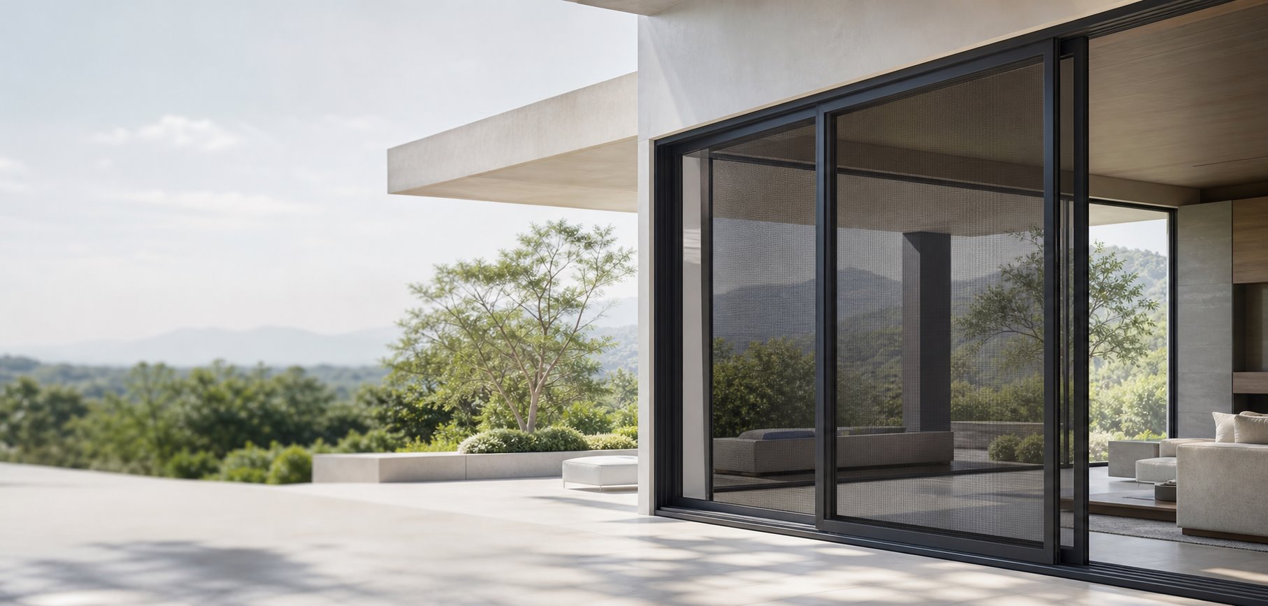 Modern North American home with a large aluminum screen-door opening